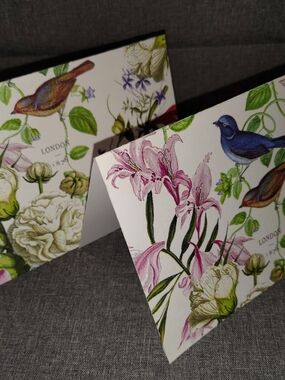 Floral Bird Folded Note Cards with Pink Lilies and Blue Birds